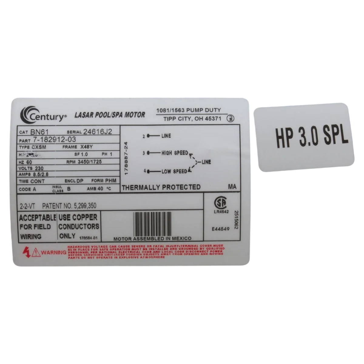 Century 2HP 230V 2-Speed 48Y Motor (BN61) — product label