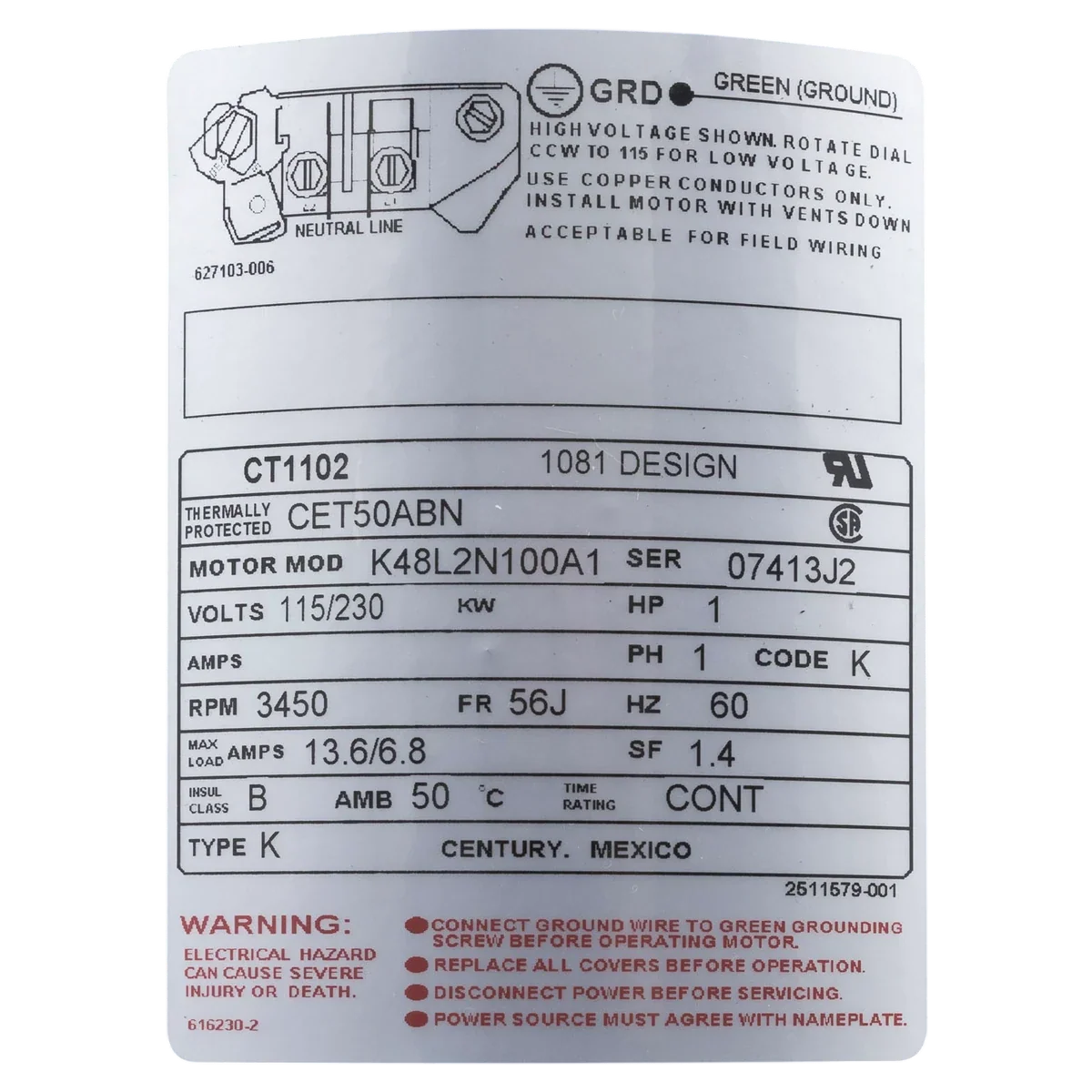 Century 1 HP 56J Threaded Pool Motor (CT1102) — product label
