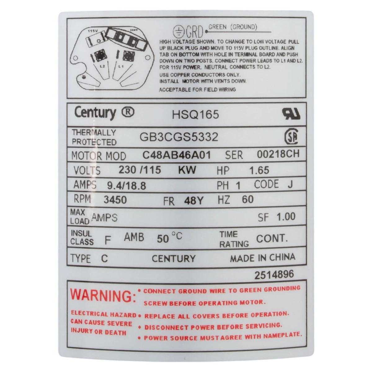 Century Centurion Pro Square Flange Motor (HSQ165) — product label