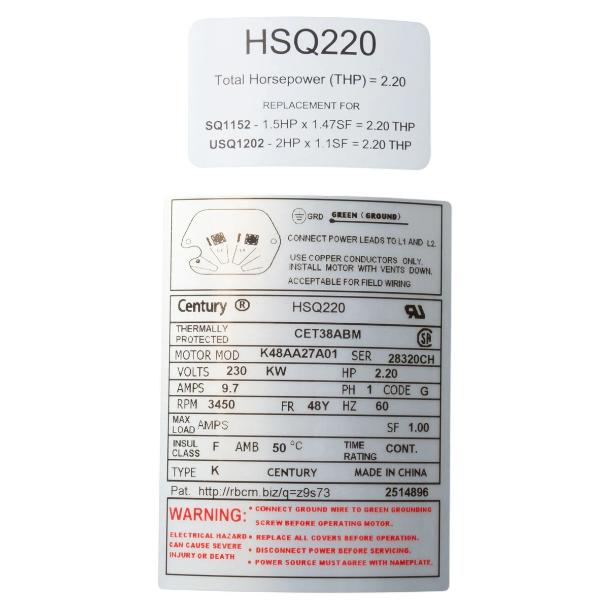 Century Centurion PRO Motor 2.20 THP 48Y (HSQ220) — product label