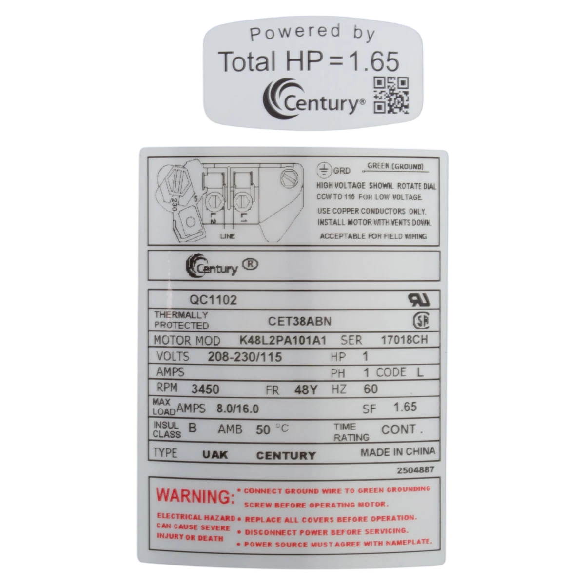 Century Pool Pump Motor 1HP 48Y Frame (QC1102) — product label