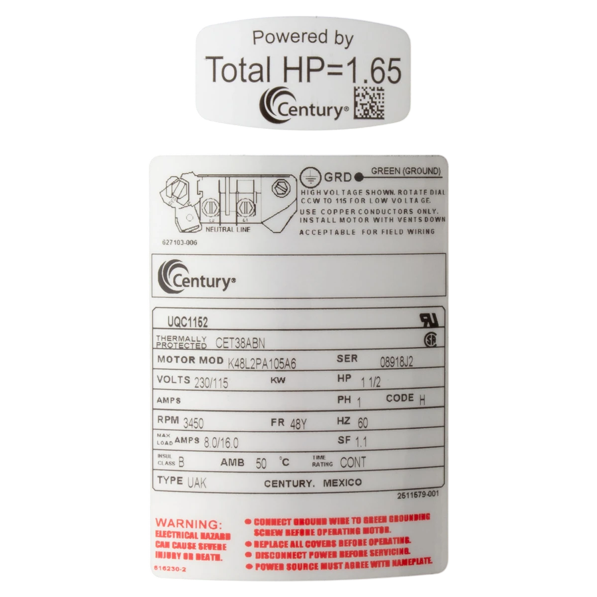 Century 1.5 HP Up-Rate Motor (UQC1152) — product label