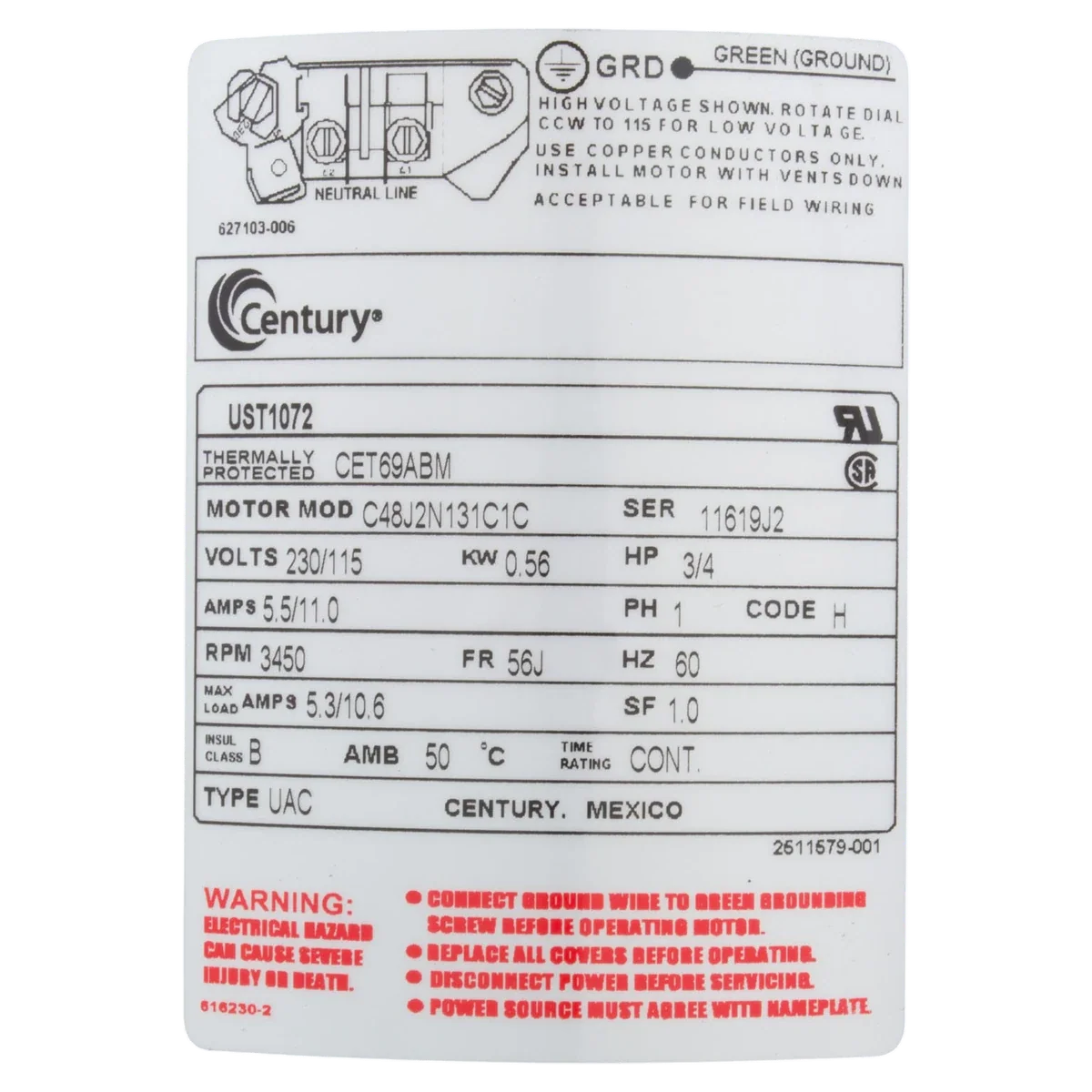 Century 3/4 HP 56J Pump Motor (UST1072) — product label