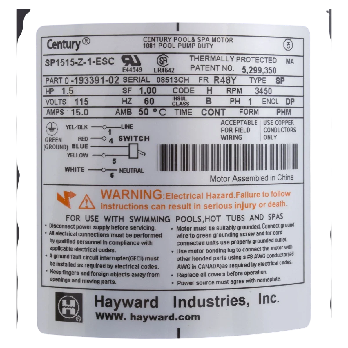 Hayward PowerFlo 1.5 HP Motor w/ Switch (SPX1515Z1E) — product label