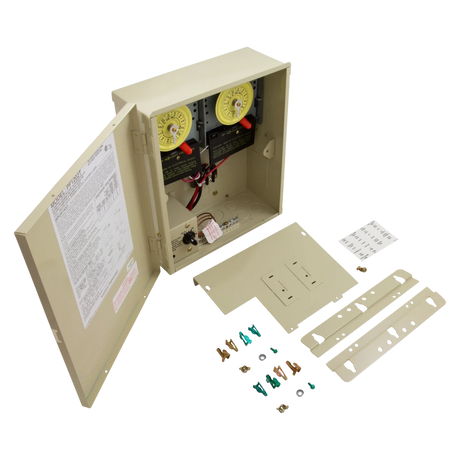 Intermatic PF1202T metal enclosure with timers, stickers, and wiring components