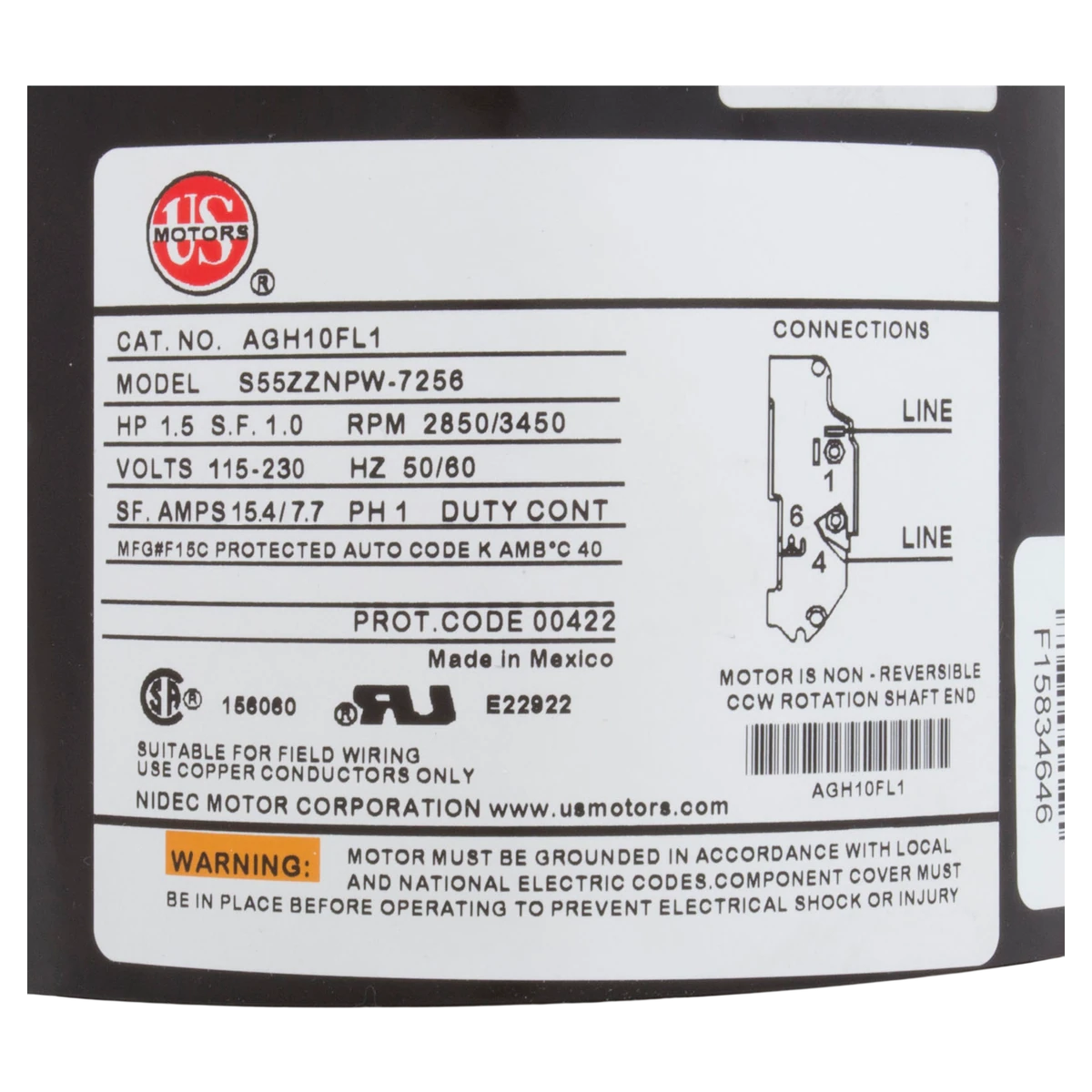 Nidec Motor Corp/US Motors 1.5 HP Thru-Bolt Spa Motor (AGD15FL1) — product label