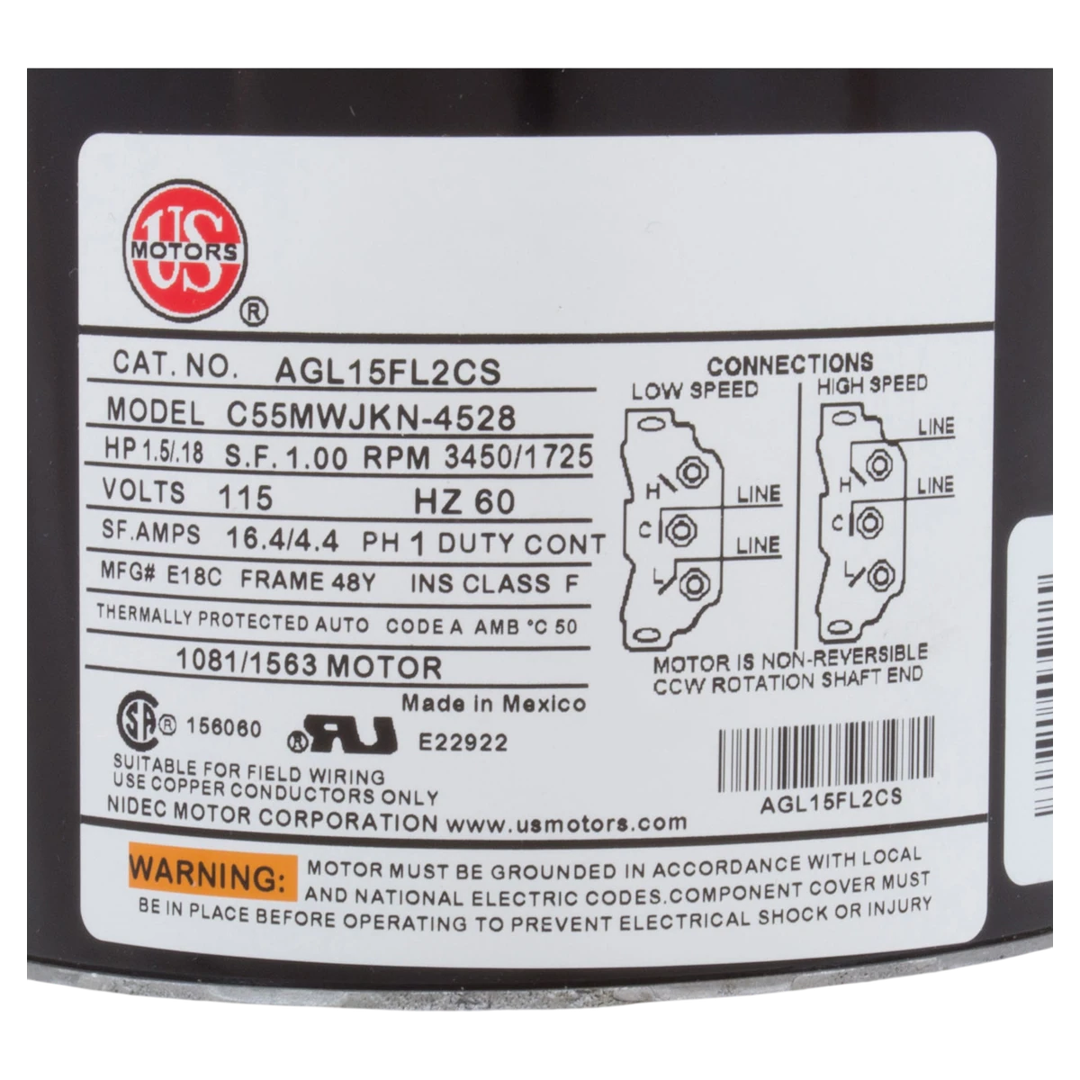 Nidec Motor Corp/US Motors 1.5HP ThruBolt 2-Speed 115V Motor (AGL15FL2CS) — product label