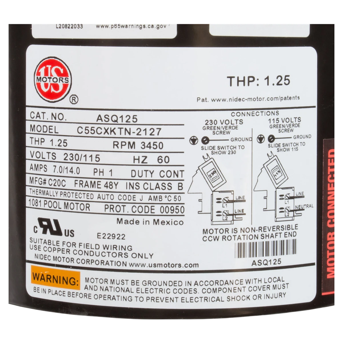 Nidec Motor Corp/US Motors 0.75HP SQFL 48Y Pump Motor (ASQ125) — product label