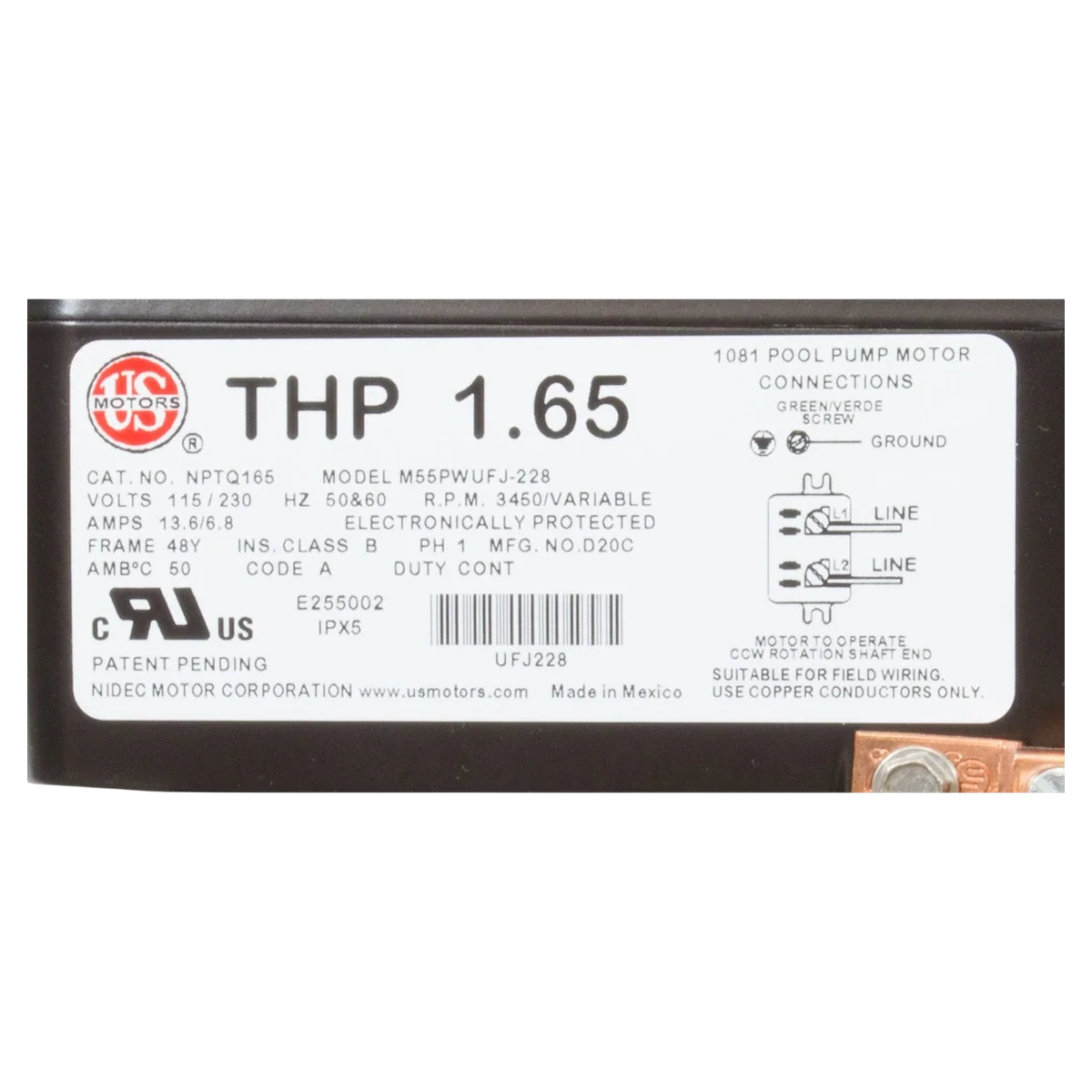 Nidec Motor Corp/US Motors Neptune 1.65 THP Variable Speed Motor (NPTQ165) — product label