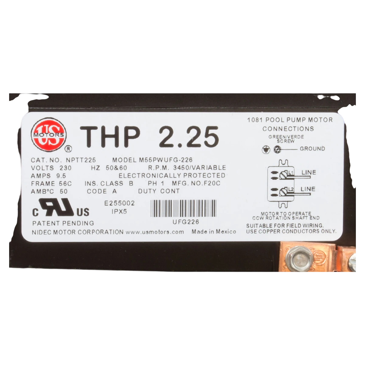 Nidec Motor Corp/US Motors Neptune 2.25 THP SQFL Motor (NPTQ225) — product label