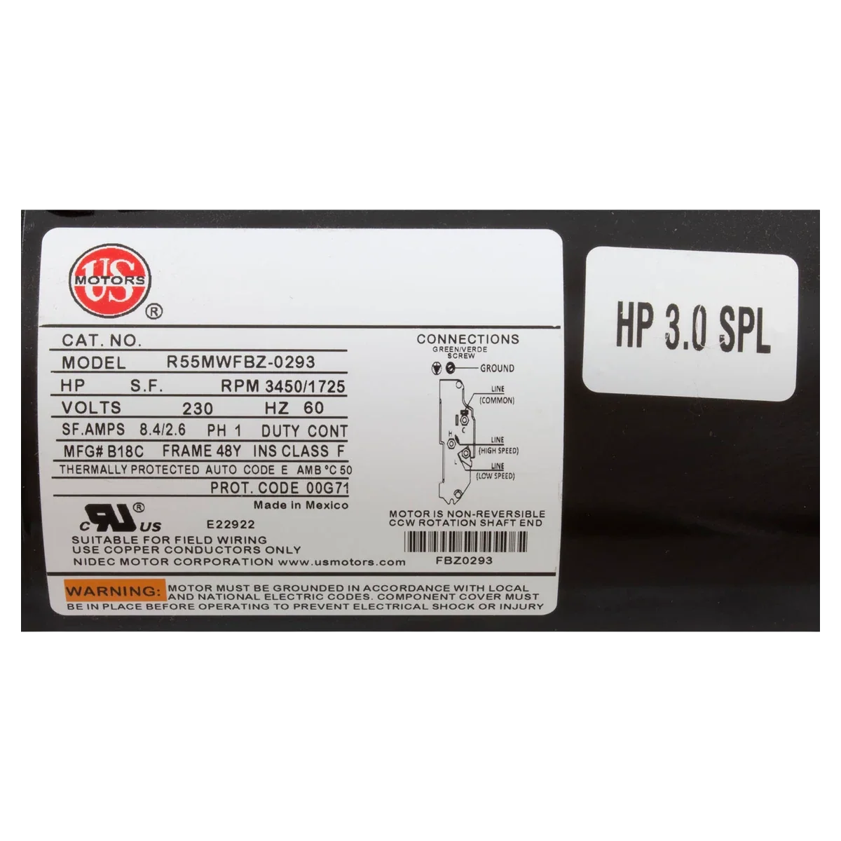 Nidec Motor Corp/US Motors 3.0 HP 2-Speed 48Y Frame Motor (SPH30FL2S) — product label
