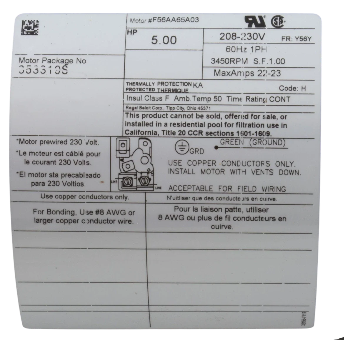 Pentair Max-E-Pro XF Pump Motor 5HP (353319S) — product label