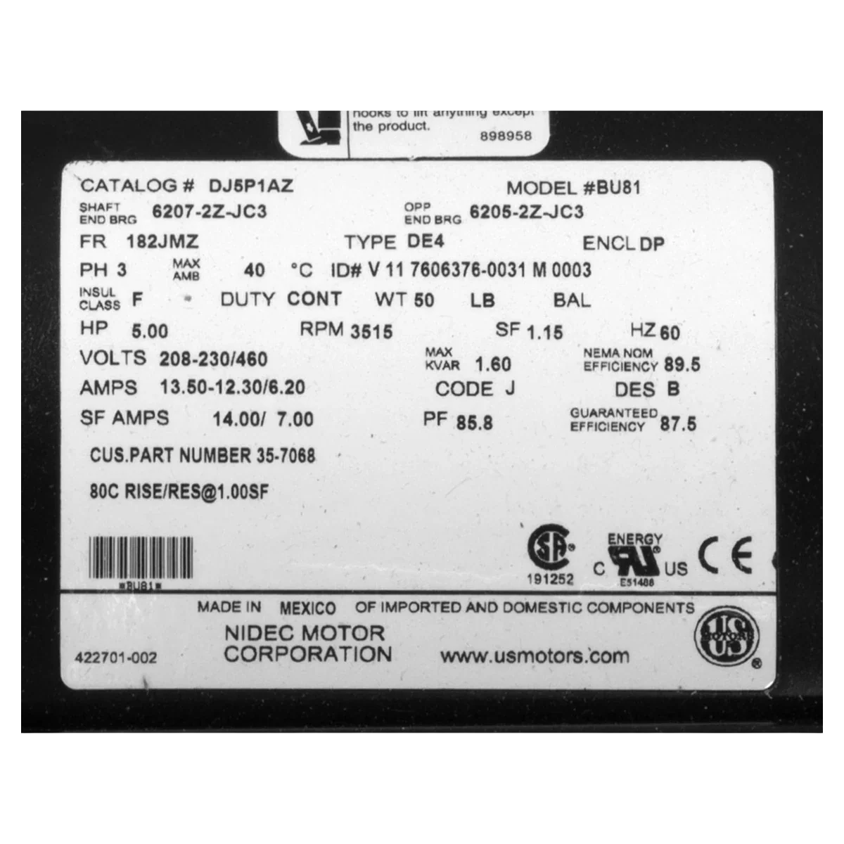 Pentair EQ Series Pump Motor 5 HP Three-Phase (357068S) — product label