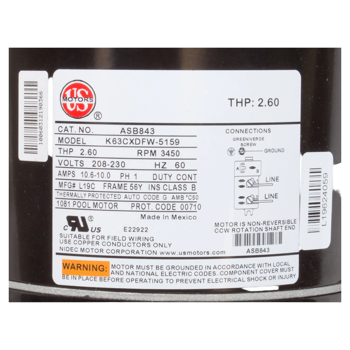 US Motors Aqua-Shield Pump Motor 2 hp 56Y Square Flange (ASB843) — product label