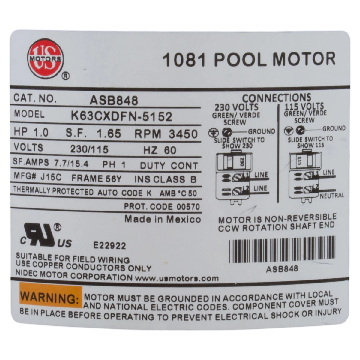 US Motors Aqua-Shield Pump Motor 1 HP 56Y (ASB848) — product label