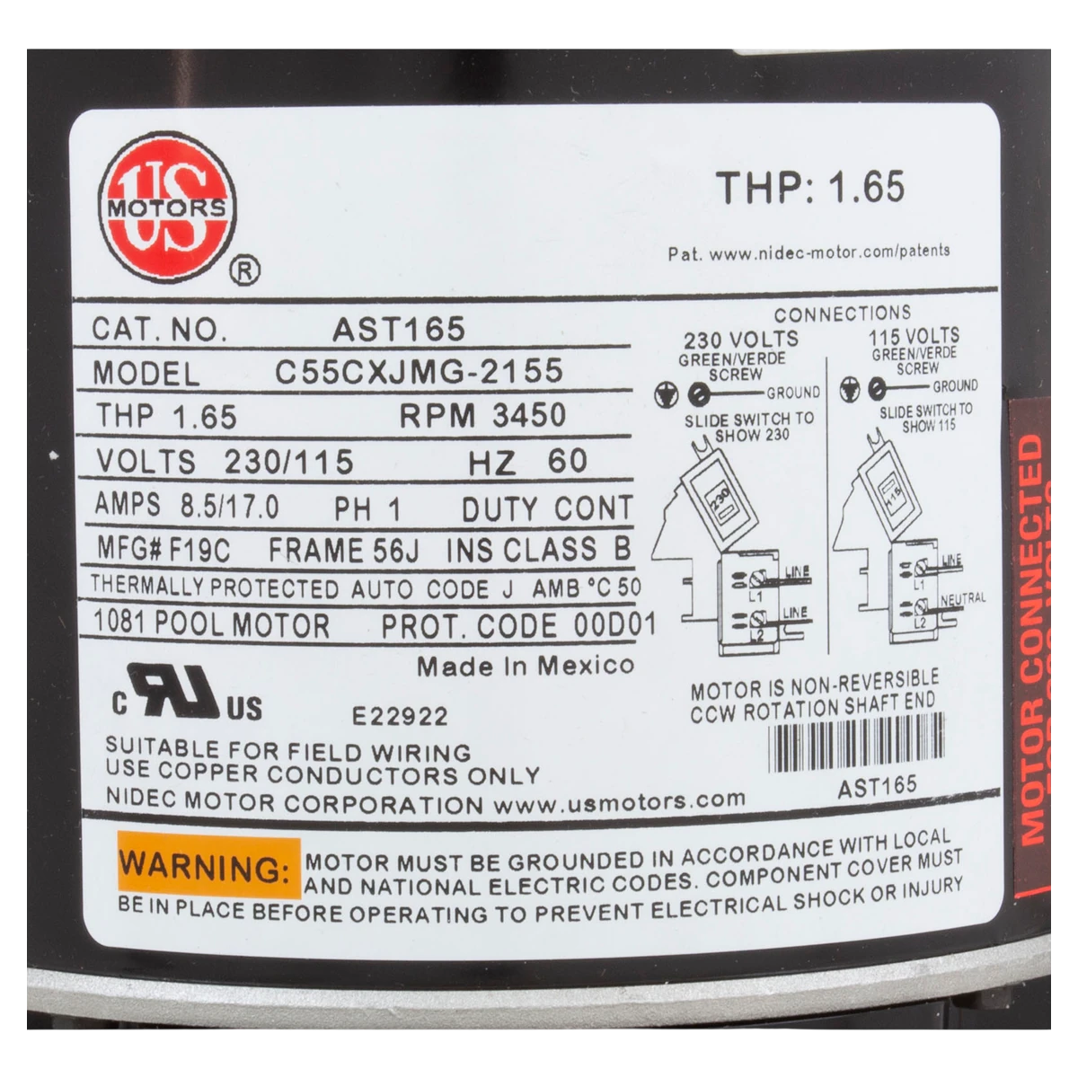 US Motors Aqua-Shield Pump Motor 1.65 THP C-Flange (AST165) — product label