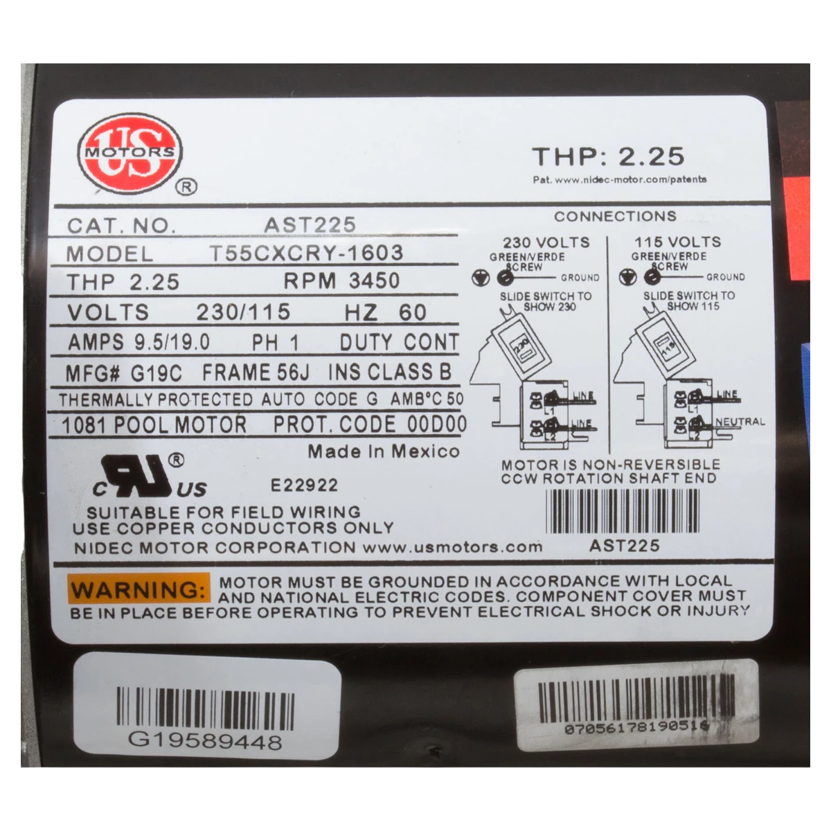 US Motors Aqua-Shield Pump Motor 2.25 HP 56J C-Flange (AST225) — product label