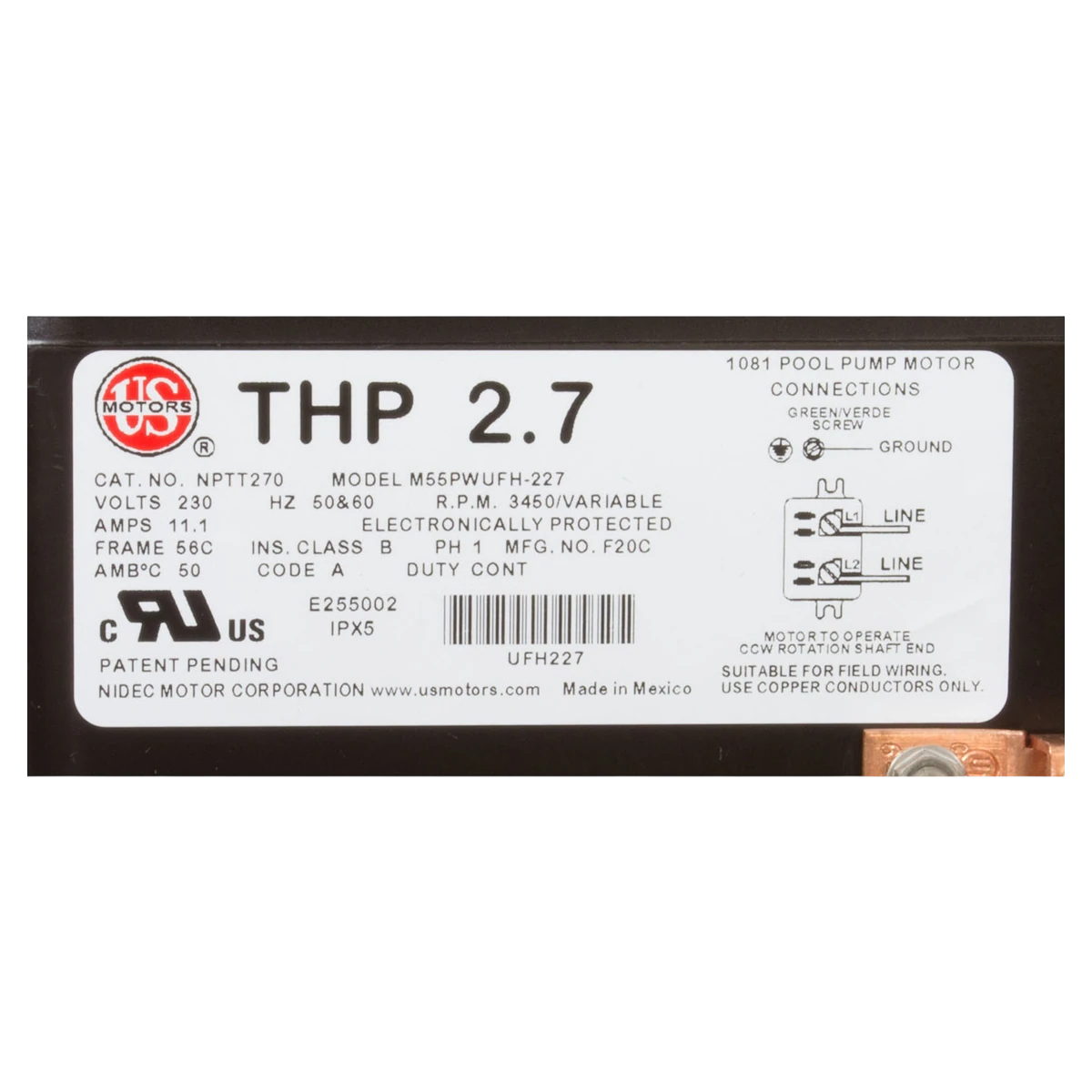 US Motors Neptune Variable Speed Motor 2.7 HP C-Face (NPTT270) — product label